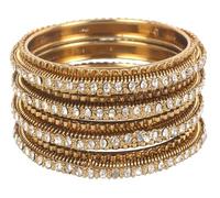 Touchstone Juego de 4 pulseras de diseño de Bollywood indio, hechas a mano, con bonito grano de alambre en zigzag, con diamantes de imitación transparentes, para mujer, en tono dorado envejecido.