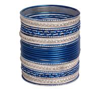 Touchstone Juego de pulseras hechas a mano de Bollywood indio, corte láser, aspecto encantador, color azul, plateado, brillante, joyería de diseñador, juego de 24 pulgadas en tono plateado para mujer.