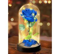 Touloube Rosa Eterna Regalo de San Valentín para Ella Mujeres,Regalo de Flor de Rosa para Ella -1 Rosa de Seda Azul con Luz LED en una Cúpula de Cristal para el Día de la Madre Aniversario Cumpleaños