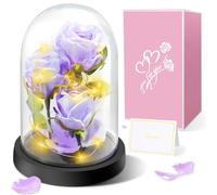 Touloube Rosa Eterna Regalos del Día de la Madre para Mujeres,Regalo de Flor de Rosa -3 Rosas de Seda Moradas con Luz LED en una Cúpula de Cristal para el Día de la Madre Aniversario Cumpleaños