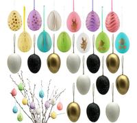 Touosy 24 Piezas Decoraciones de Huevos de Pascua, 2 Estilos (Negro Dorado y Multicolor) con Cuerda Huevos Pascua Pintados, Pequeños Colgantes Plástico para Fiesta Decoración (Estilo A)