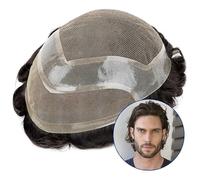 Toupee para Hombres Tupé for hombres Cordón coreano y PU fino de 0,08 mm alrededor de cabello humano Tupé Ondulado transpirable Peluca for hombre Prótesis capilar masculina Unidades de sistemas de cab