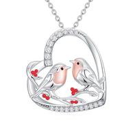 TOUPOP Collar con colgante de corazón de petirrojo y pájaro de plata de ley 925, bonito regalo de cumpleaños para mujer, regalo de cumpleaños para esposa, amiga, madre e hija, One Size, Plata