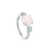 TOUS Anillo para Mujer de Plata de Primera Ley con Cuarzo Rosa Facetado y Amazonita, Talla 14, Colección Icon Color