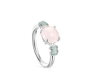 TOUS Anillo para Mujer de Plata de Primera Ley con Cuarzo Rosa Facetado y Amazonita, Talla 14, Colección Icon Color