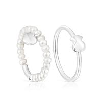 Tous - Pack De Anillos De Plata Y Perlas Cultivadas, Corazón Y Oso Mini Icons Talla 19