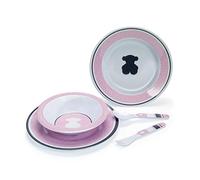 Tous - Pack de Vajilla de melamina con plato hondo, plato llano, bol, tenedor y cuchara en color rosa