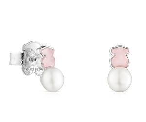 TOUS Pendientes de Plata de Primera Ley para Mujer con Cierre a Presión y Motivo de 1.05cm en Cuarcita y Perla, Versátil y Combinable, Colección Mini Color