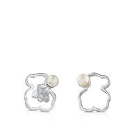 TOUS Pendientes de Plata de Primera Ley para Mujer con Motivo Oso de 1.4 cm y Perla, Elegane y Versatil, Colección Silueta