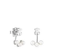 TOUS Pendientes de Plata de Primera Ley para Mujer con Tres Perlas de 4,5 cm y Motivo de Oso 0,7 cm, con Cierre de Presión, Fino y Elegante, Colección Nocturne
