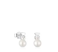 TOUS Pendientes Pequeños para Mujer con Motivo de Oso de Plata de Primera Ley con Perlas Cultivadas, Colección I-Bear