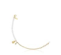 TOUS Pulsera Caden para Mujer con Motivo de Oso con Baño de Oro 18kt sobre Plata de Primera Ley, Perlas Cultivadas y Peridoto, Colección Bold Bear