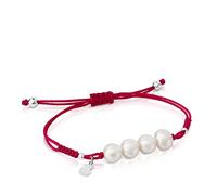 TOUS Pulsera de Cuerda Fucsia y Perlas para Mujer con Motivo Oso en Plata de Primera Ley, 16 cm de Largo, Original y Atrevida, Colección Pearls