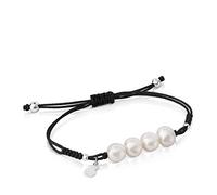TOUS Pulsera de Cuerda Negra y Perlas para Mujer con Motivo Oso en Plata de Primera Ley, 16 cm de Largo, Original y Atrevida, Colección Pearls
