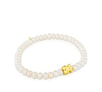 TOUS Pulsera de Perlas Elástica para Mujer con Motivo de Oso en Oro Amarillo de 18kt, 16 cm de Largo, Elegante y Versátil, Colección SweetDolls