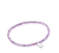 TOUS Pulsera Elástica para Mujer con Bolas Redondas Facetadas de Amatista y Motivo Oso de Plata de Primera Ley, 17cm de Largo, Colección Motivos