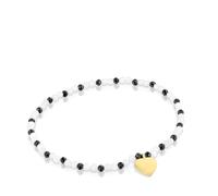 TOUS Pulsera Elástica con Bolas Redondas de Calcedónia y Motivo de Corazón con Baño de Oro de 18k sobre Plata, 17cm de largo, Colección Motivos