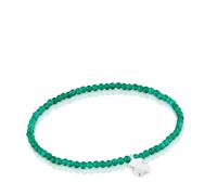 TOUS Pulsera Elástica para Mujer con Bolas Redondas Facetadas de Calcedónia En Color Verde y Motivo Oso de Plata de Primera Ley, 17cm de Largo, Colección Motivos