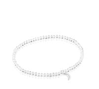 TOUS Pulsera Elástica para Mujer con Bolas Redondas Facetadas de Cuarzo Cristal de Roca y Motivo Luna de Plata de Primera Ley, 17cm de Largo, Colección Motivos