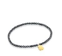 TOUS Pulsera Elástica para Mujer con Bolas Redondas Facetadas de Hematita Gris y Motivo Oso con Baño de Oro 18 Kt Sobre Plata, 17cm de Largo, Colección Motivos