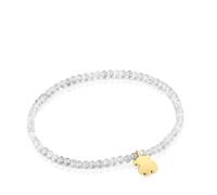TOUS Pulsera Elástica para Mujer con Bolas Redondas Facetadas de Labradorita Gris y Motivo Oso con Baño de Oro 18 Kt Sobre Plata, 17cm de Largo, Colección Motivos
