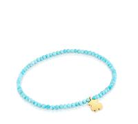 TOUS Pulsera Elástica para Mujer con Bolas Redondas Facetadas de Magnesia Azul Tratada y Motivo Oso con Baño de Oro 18 Kt Sobre Plata, 17cm de Largo, Colección Motivos