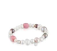 TOUS Pulsera Elástica de Perlas Cultivadas con Motivo de Oso en Plata de Primera Ley para Mujer, 16.5cm de Largo, Colección Basics