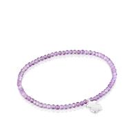 TOUS Pulsera Elástica para Mujer con Bolas Redondas Facetadas de Amatista y Motivo Oso de Plata de Primera Ley, 17cm de Largo, Colección Motivos