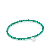 TOUS Pulsera Elástica para Mujer con Bolas Redondas Facetadas de Calcedónia En Color Verde y Motivo Oso de Plata de Primera Ley, 17cm de Largo, Colección Motivos