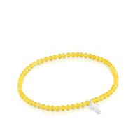 TOUS Pulsera Elástica para Mujer con Bolas Redondas Facetadas de Cuarcita Amarilla y Motivo Cruz de Plata de Primera Ley, 17cm de Largo, Colección Motivos