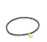 TOUS Pulsera Elástica para Mujer con Bolas Redondas Facetadas de Hematita Gris y Motivo Oso con Baño de Oro 18 Kt Sobre Plata, 17cm de Largo, Colección Motivos
