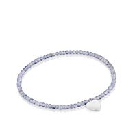 TOUS Pulsera Elástica para Mujer con Bolas Redondas Facetadas de Iolita y Motivo Corazón de Plata de Primera Ley, 17cm de Largo, Colección Motivos