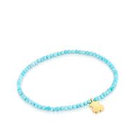 TOUS Pulsera Elástica para Mujer con Bolas Redondas Facetadas de Magnesia Azul Tratada y Motivo Oso con Baño de Oro 18 Kt Sobre Plata, 17cm de Largo, Colección Motivos