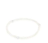 TOUS Pulsera Elástica para Mujer con Perlas Cultivadas y Motivo de Flor de Plata de Primera Ley, Colección Bold Motif