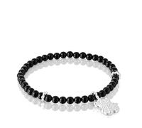 TOUS Pulsera Elástica para Mujer de Plata de Primera Ley, Ónix y Motivo Oso, Colección Grain