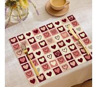 Tovagliette estive, Set di 2 tovagliette con romantico disegnato a Mano Motivo a Quadri a Forma di Cuore,tovagliette in Cotone e Lino, lavabile, per cucina, Feste, compleanni, matrimoni Rosa Intenso