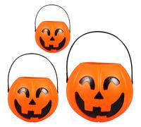 TOVINANNA 3 Piezas Cubo de Halloween con Forma de Calabaza de Plástico Naranja, Diseño Único y Asa para Fácil Transporte en Fiestas y Decoraciones de Halloween