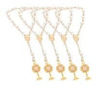 TOVINANNA Juego de 5 Pulseras Religiosas para Mujer Cuentas de Oración y Perlas Doradas Pulsera de Rosario para Bautizo y Shower Joyería Portátil con Colgante de Fe