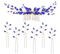 TOVINANNA Juego De 7 Peinetas Gemas De Imitación Azul, Horquillas Forma De u y Hojas, Accesorio Cabello Para Mujer, Ideales Para Bodas y Eventos, Set Decorativo Para Peinados