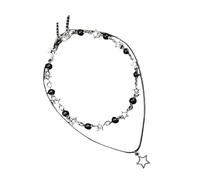 TOWARDSNAN Collar de doble capa, cadena de cuello con cuentas negras, collar ajustable de piel sintética, accesorio de gargantilla para mujeres y niñas, Size: 38+45+7cm, Metal