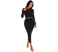 TOWARDSNAN Conjunto de 2 piezas para mujer, conjunto de vestido casual de punto acanalado de manga larga y falda maxi bodycon, Negro, M