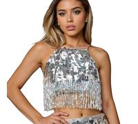 TOWARDSNAN Disfraz de danza del vientre para mujer, con lentejuelas, borlas, brasier, top de baile, ombliguera, trajes de bailarina, raves, fiesta, club, traje de bailarina, blanco, Altoa única