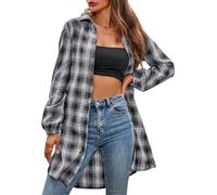 TOWARDSNAN Elegante vestido camisero de manga larga con estampado de cuadros y botonadura simple, perfecto para fiestas y citas, vestido de mujer, Negro, XL