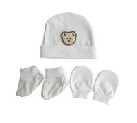 TOWARDSNAN Essential - Juego de gorro y manoplas para bebé con guantes y calcetines que no rayan, patrón de oso imprescindible para bebés de 0 a 3 meses, blanco, Brown bear