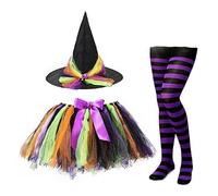 TOWARDSNAN Juego de 3 piezas de disfraz de bruja, disfraz de mago de Halloween, falda tutú, sombrero de mago, medias altas a la rodilla, conjunto de diadema para colgar