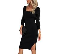 TOWARDSNAN Vestido ajustado de manga larga para mujer, color delgado, cintura alta, cuello cuadrado, acanalado, vestido de cuello cuadrado para mujer, Negro, L