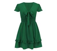 TOWARDSNAN Vestido con dobladillo de encaje de color sólido, puños de encaje, cintura con volantes, acampanado, falda con huecos de dos capas para uso diario, vestidos altos para mujer formal, verde