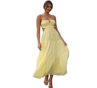 TOWARDSNAN Vestido largo con volantes para mujer, cuello cuadrado, lazo en la espalda, sin mangas, fruncido, escalonado, vestido largo para regalo, vestido de playa, amarillo, XL