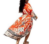 TOWARDSNAN Vestido largo de manga corta para mujer, estilo caftán con estampado colorido, casual, holgado, para playa, vestido largo casual con frente abierto, kimono largo para traje de baño