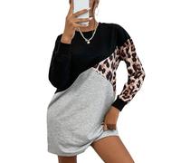 TOWARDSNAN Vestido largo tipo sudadera con estampado de leopardo para mujer, cuello redondo, casual, holgado, manga larga, vestido tipo suéter para mujer, estilo casual, de punto, túnicas, gris claro
